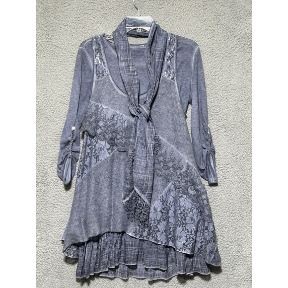 Simply Couture Tops - Simply Couture Tunic Set 3 Pc Blue Knit Layered Lace Scarf Sz L Boho Lagenlook